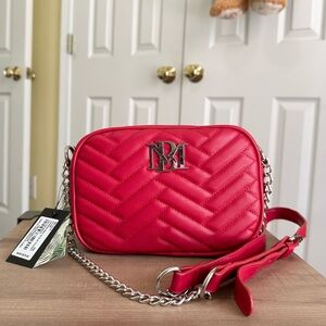 Badgley Mischka Quilted Camera Bag w/ Chain Strap, Red/Silver, Vegan Leather